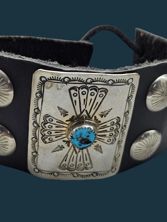Native American Unsigned Other - Vtg Navajo Sterling Silver Untreated Turquoise Ketoh Leather Bow Guard Cuff 40g